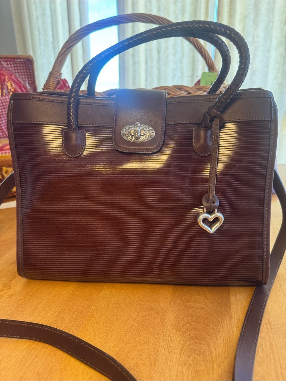Brighton Dark Brown Leather Satchel with Heart Charm